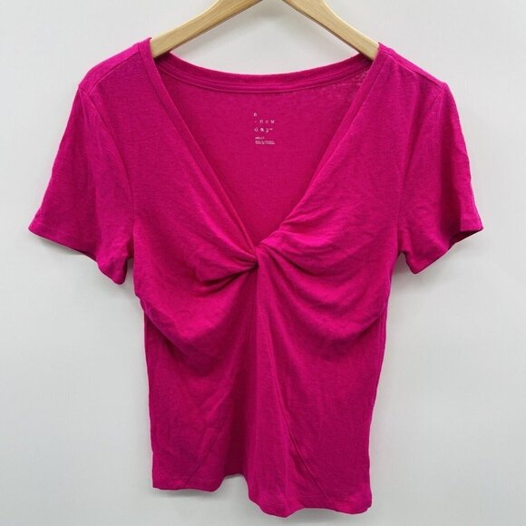A New Day Womens Size Small Twisted V-Neck Linen Short Sleeve T-Shirt Pink 2473 - Picture 1 of 6